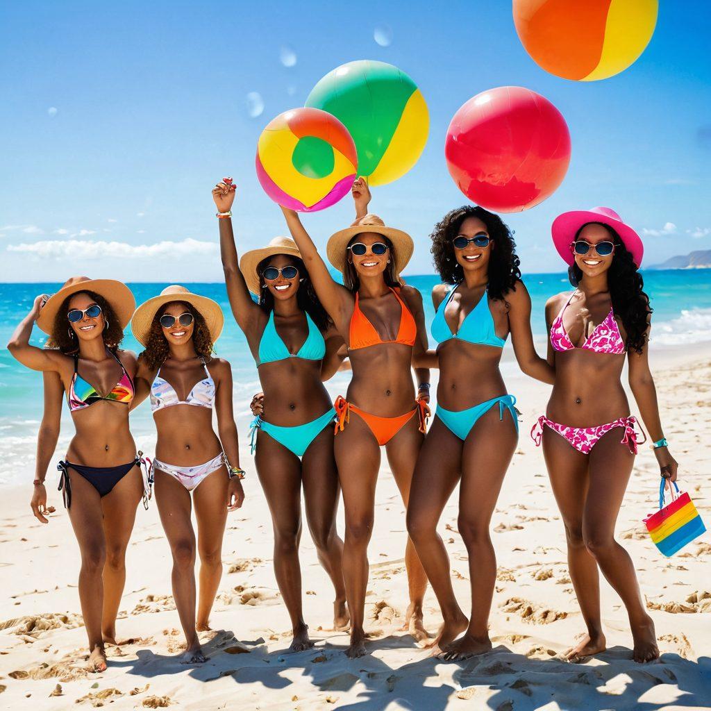 A glamorous beach scene featuring a diverse group of women confidently showcasing a variety of vibrant, trendy bikinis. Emphasize playful poses, sun-kissed skin, and joyful expressions, surrounded by colorful beach accessories like sunglasses, hats, and beach balls. In the background, a crystal-clear ocean and soft golden sands create a dreamy summer atmosphere. The image invokes a feeling of empowerment and fun, perfect for inspiring summer vibes. bright colors. super-realistic. tropical theme.